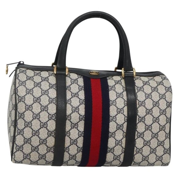 GUCCI GG Supreme Sherry Line Boston Bag PVC Navy Gold Auth ep10844 - Picture 2 of 16